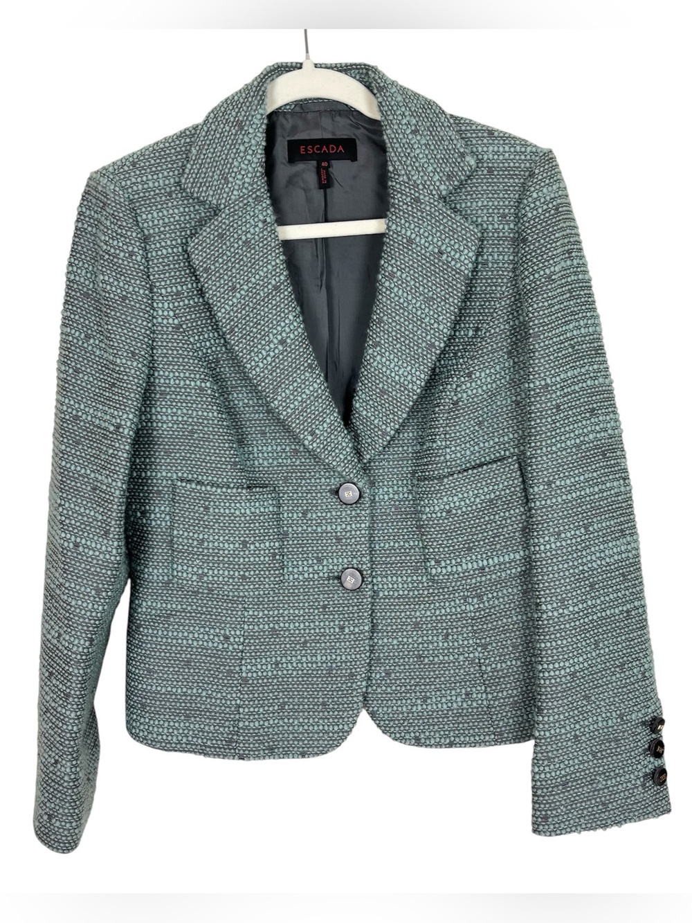 Escada Blazer Women’s Size 40 Nubby Wool Tweed Logo Buttons Light Teal